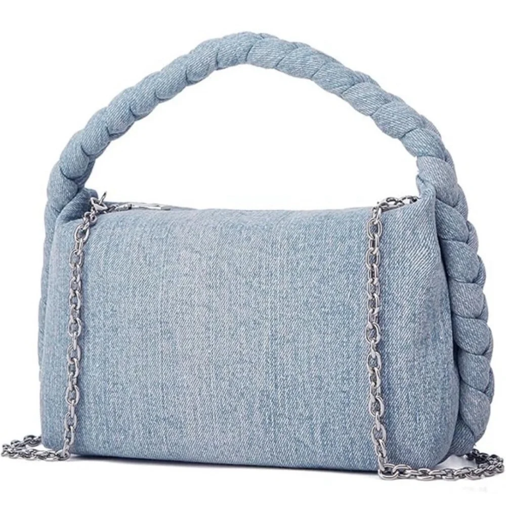 NWT Women Denim Vintage Jean Purse Woven Top Handle Lightweight Designer Chain - Picture 4 of 6